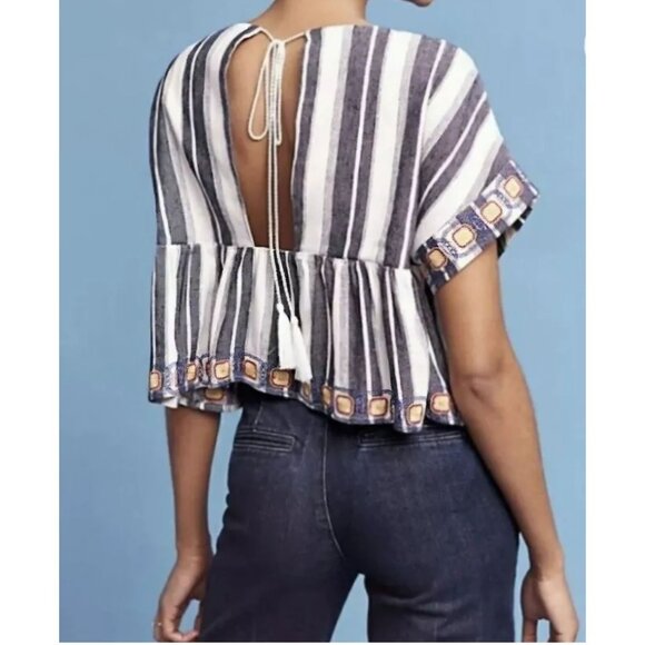 Anthropologie Maeve Embroidered Peplum Linen Top L Striped Open Back Festival - Picture 10 of 10